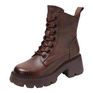 小个子增高跟棕色马丁靴女款英伦风冬季加绒加厚高帮鞋子真皮短靴