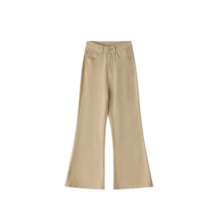 卡其色微喇牛仔裤女春季新款大码胖mm高腰显瘦梨型身材不贴腿裤子