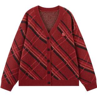 乐町学院落肩袖针织衫女春季新款撞色斜条纹新年氛围感老钱风开衫