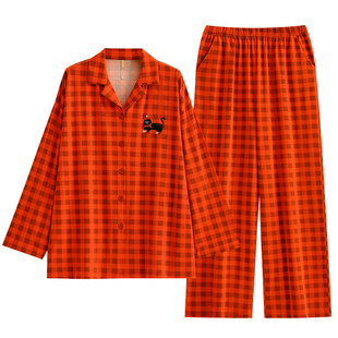 家乐芬大红色睡衣女春秋季纯棉长袖家居服大码格子本命年套装马年