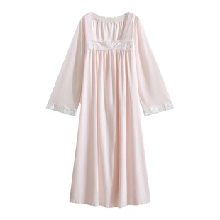 女款汉服大码纯棉睡裙女古风长袖长款国风法式睡衣新中式睡袍长裙