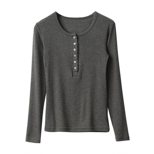 女士螺纹亨利领T恤衫 圆领弹力修身长袖打底衫 内搭 春秋款 女装