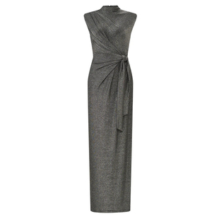 沃格D早春新品2色高领系带收腰包臀后开叉礼服长款亮丝针织连衣裙