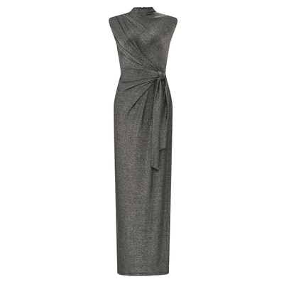 沃格D早春新品2色高领系带收腰包臀后开叉礼服长款亮丝针织连衣裙