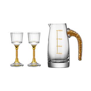 水晶金箔小高脚白酒杯套装家用一口杯茅T玻璃切面带把刻度分酒器