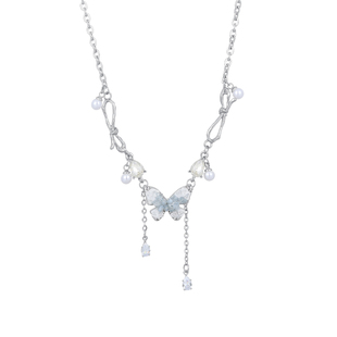 碎冰蓝锆石蝴蝶流苏吊坠项链配饰女轻奢小众夏天高级感甜酷锁骨链