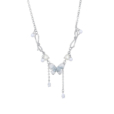 碎冰蓝锆石蝴蝶流苏吊坠项链