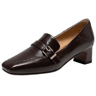 千百度方头粗高跟乐福鞋女2026春季新款透气小皮鞋通勤深口单鞋