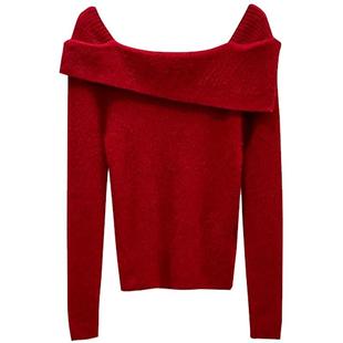 DPLAY2025年秋季红色毛衣法式修身含羊毛一字肩针织衫毛衫女