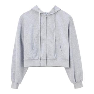 回力卫衣外套女秋冬款2025新款小个子短款开衫连帽加绒灰色外套女