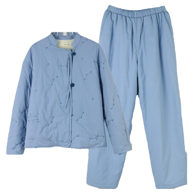 女冬加厚纯棉夹棉保暖家居服套装