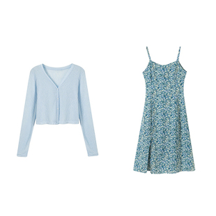 碎花吊带裙加开衫两件套夏季薄荷绿女时尚穿搭裙子绝美绿色连衣裙