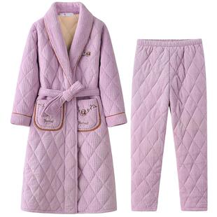 珊瑚绒睡袍女秋冬季加厚三层夹棉两件套装睡衣长裤浴袍加绒家居服