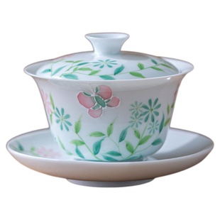 画续手绘春韵葵口三才盖碗高足盖碗茶碗陶瓷泡茶碗茶具家用中式
