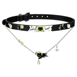 原创黑猫青苹果叠戴项链皮革项圈小众chocker辣妹y2k锁骨链