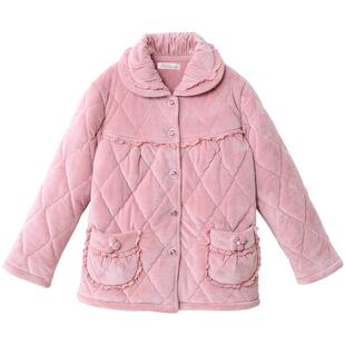 圆人珊瑚绒夹棉袄睡衣女秋冬季加厚三层法兰绒上衣单件上装女外套