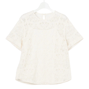 23区日系秋季通勤宽松棉混纺圆领镂空绣花短袖衬衫衬衣商场同款