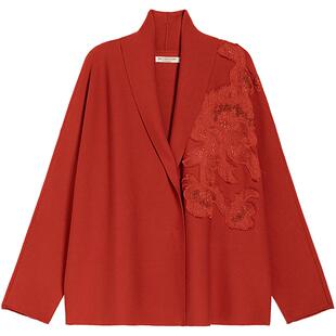 EXCEPTION例外女装春季毛针织衫明见棉绣花连身翻领开衫