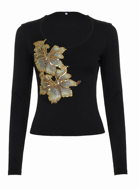 重工亮片金色百合刺绣长袖上衣