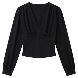 Long sleeved V-neck casual waist cinched top长袖V领纯色上衣