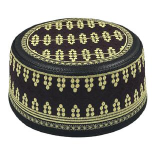 新款礼拜帽回族男士紫红黄帽子平顶圆边绣花沙特民族风回回帽子