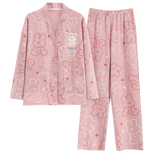 春秋季睡衣女款纯棉可爱长袖和服开衫套装宽松夏冬款家居服可外穿