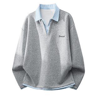 班尼路SK假两件衬衫翻领卫衣男春夏美式潮流套头百搭宽松外套男YS