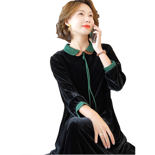 翻领早秋真丝绒高贵妈妈时尚气质连衣裙女2023新款桑蚕丝高端裙子