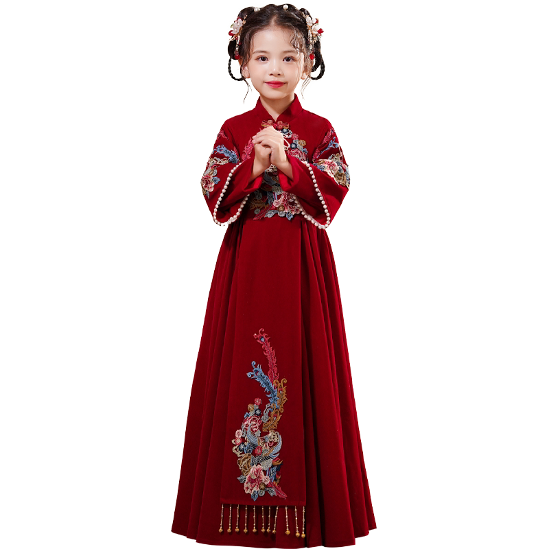 汉服女童2025新款冬装红色古装国风儿童加绒女孩古筝演出服连衣裙