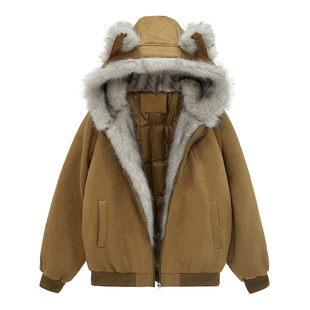 黑色棉服女2025冬季新款座山雕猫耳外套大码加厚棉袄女款冬装棉衣