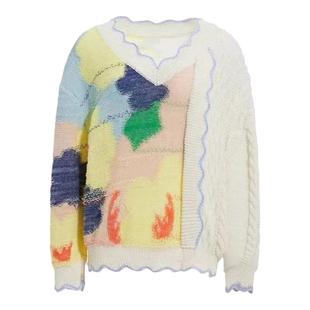 2023灿烂的前行杨丞琳同款V领手绘花朵拼色套头针织衫百搭毛衣女