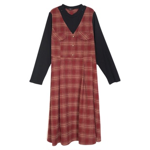 绮娑女装冬季新款法式假两件收腰显瘦胖MM磨毛复古长款格子连衣裙