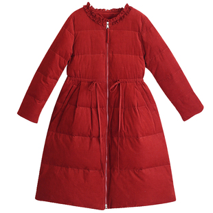 【雪落年年】红色羽绒服女士冬季中长款花边领收腰保暖灯芯绒外套