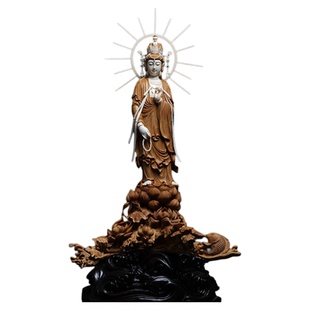 收藏精品老山檀香镶嵌猛犸牙雕摆件【戏鱼观音佛像】清刀传神佳作