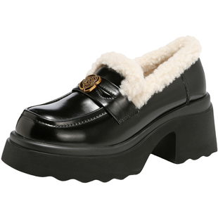 星期六乐福鞋女2025冬季新款女鞋女款厚底加绒加厚保暖小皮鞋棉鞋