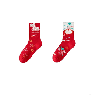 马年本命年红袜子女中筒大红色袜男2026属马新年礼物可爱秋冬长袜