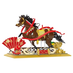 国潮微颗粒积木马到成功拼装儿童玩具马年男女孩新年主题摆件礼物