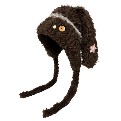 可爱星星兔耳朵毛绒针织帽女冬季显脸小加厚防寒保暖护耳雷锋帽子