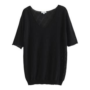 针织衫大码女胖mm短袖上衣女夏款200斤深v上衣女欧美镂空半袖t恤