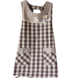 日式加厚棉麻布艺格子围裙居家厨房清洁可爱韩版罩夏衣奶茶店专用