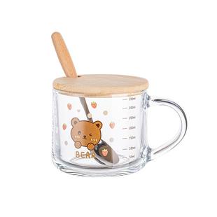 ins玻璃杯吸管牛奶早餐杯可爱卡通刻度杯子加盖勺学生礼物宿舍