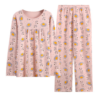 睡衣女秋冬新品长袖长裤纯棉女款中老年妈妈家居服套头印花起居服
