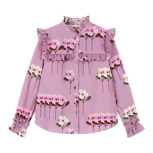 tanni新款浪漫淡雅通勤风纯棉木耳边花卉印花衬衫上衣TO31SH020A