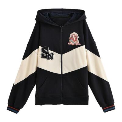 森女部落学院风撞色纯棉连帽卫衣外套女新款字母刺绣宽松显瘦百搭