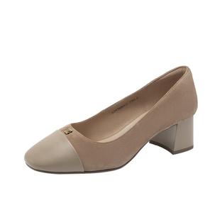 千百度高跟鞋秋季绒面拼色单鞋女粗跟通勤晚晚鞋真皮浅口