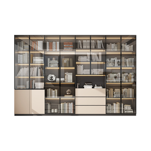 书柜一体靠墙实木储物柜客厅带玻璃门展示柜书房网红沙发书架定制