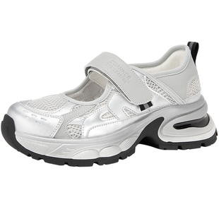 【徐梦洁|赖美云同款】千百度银色休闲凉鞋女夏魔术贴德训运动鞋