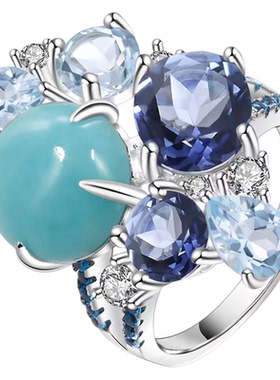 设计师款奢华风宝石戒指 宴会搭配高级感925银镶嵌天然天河石戒指