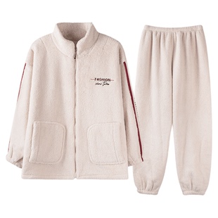 法兰绒睡衣女冬加厚套装时尚洋气立领拉链休闲初中生可外穿家居服