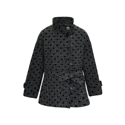 Narratorgirls马卡绿黑灰波点廓型毛呢立领外套系带气质大衣冬